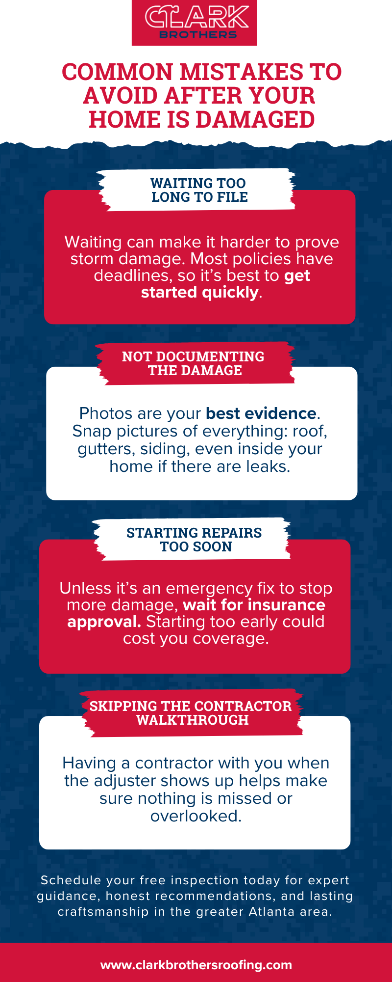 Common Mistakes to Avoid After Your Home Is Damaged: Insurance Claims for Roof Storm Damage infographic
