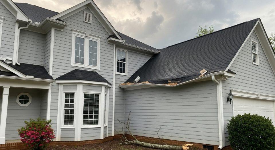 Home with visible roof and siding damage after a storm, illustrating the risks of hidden storm damage to gutters and exterior walls.