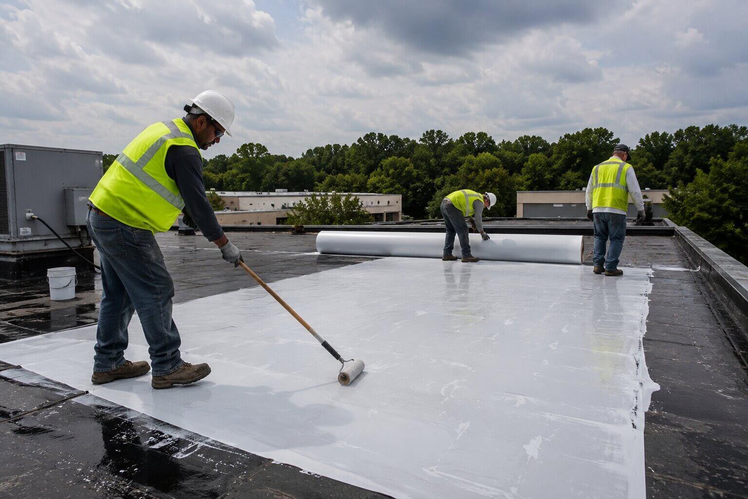 commercial roofing crew performing emergency temporary roof repair after storm damage