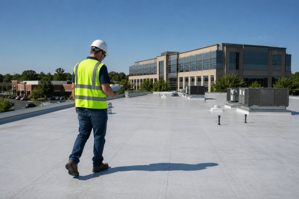 commercial roofing contractor performing a commercial roof inspection on a flat roof in Metro Atlanta