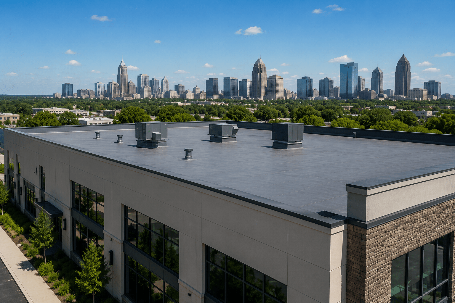 commercial building rooftop in Atlanta maintained by a professional roofing contractor