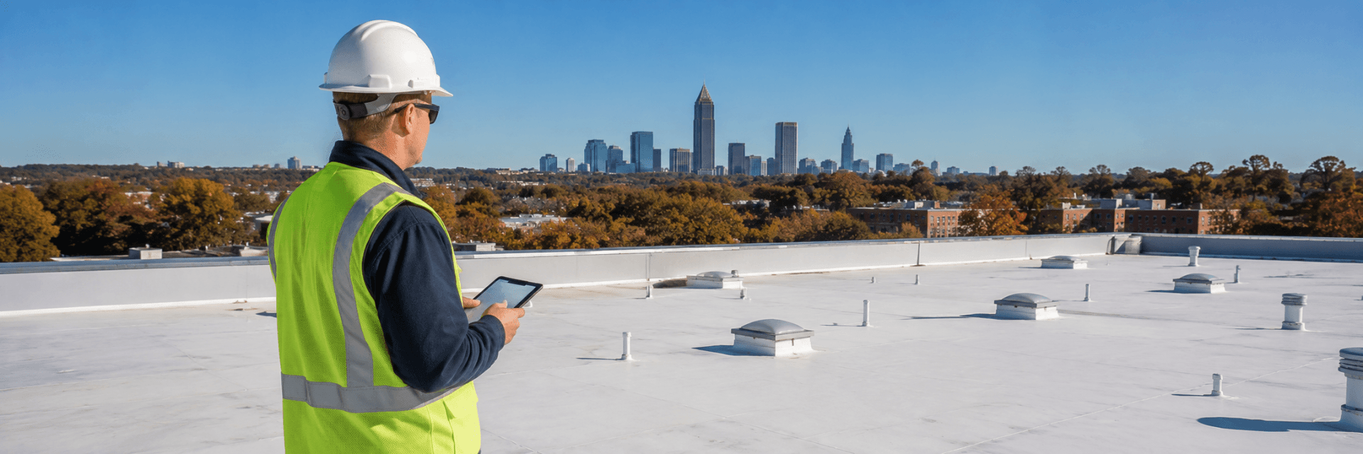 commercial roofing contractor estimating commercial roofing cost on a flat roof in Metro Atlanta Georgia