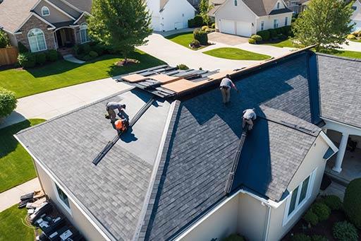 Residential roof installation showing new shingles being applied to a house in Milton, GA.